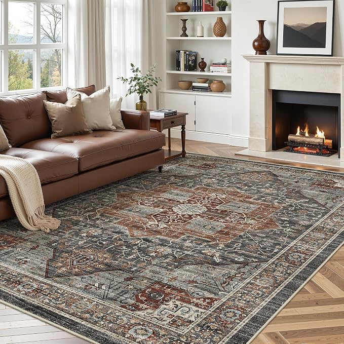 Roxstand 5x7 Washable Area Rugs, Non Slip Living Room Rug Grey/Brown/Tan | Low Pile Vintage Rug, Stain Resistant, Non-Shedding Design, Pet & Kid Friendly, Carpet for Bedroom, Dining Room Office