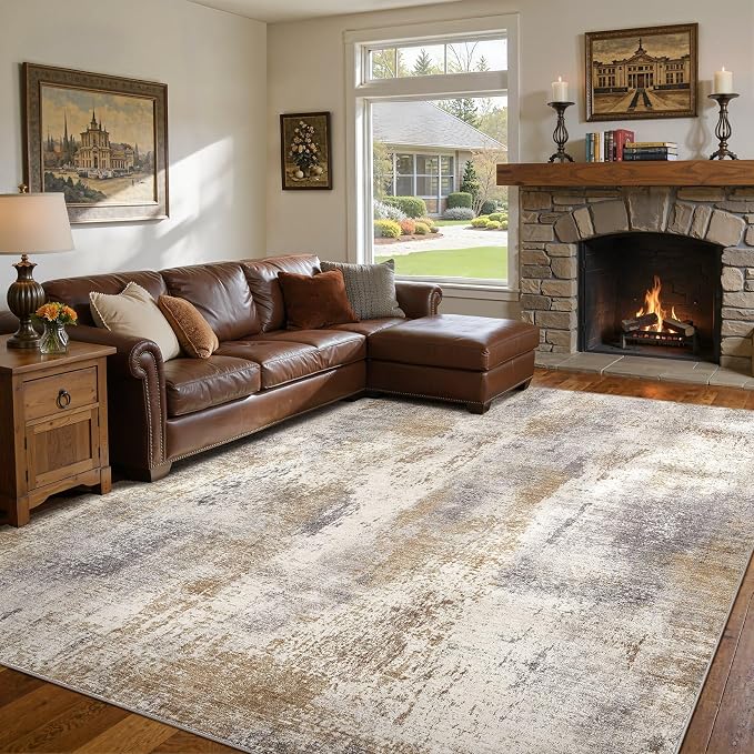 DMOYEST Area Rug Living Room Rugs - 7x9 Washable Large Soft Indoor Neutral Modern Abstract Low Pile Rug Carpet for Bedroom Dining Room Farmhouse Home Office - Brown Grey