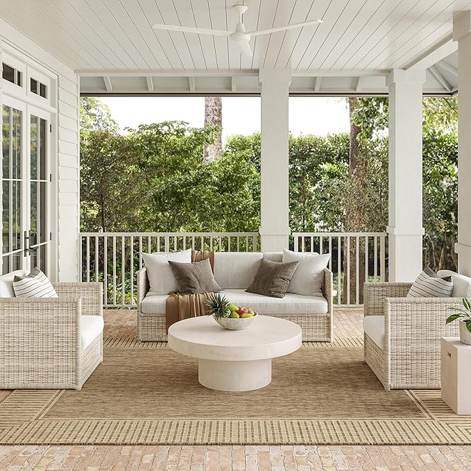 Nuloom Asha Light Brown/Ivory, 6'7" Square, Casual, Striped Border, Soft and Cozy, High Traffic, Easy Clean, Durable Area Rug for Indoor/Outdoor Patio, Deck, Porch, Garden, Courtyard