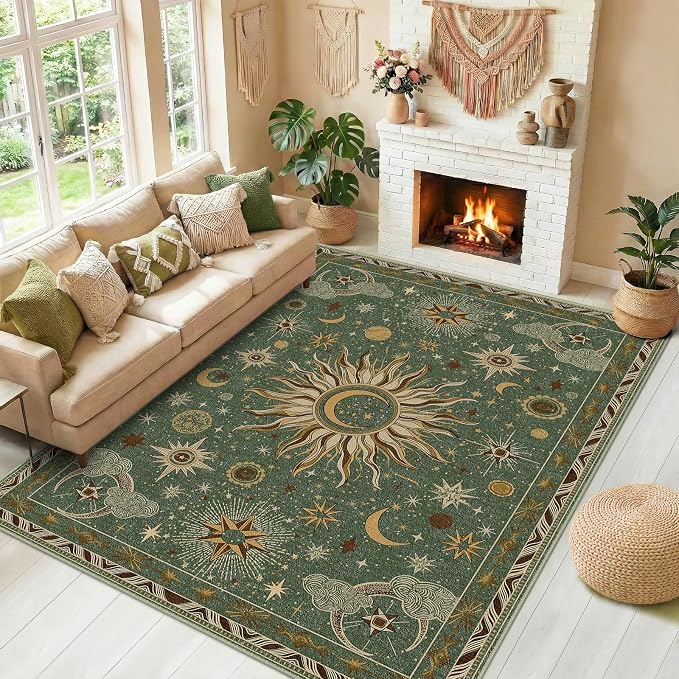 Vacuum-Friendly, 8x10 Washable Area Rug, Green Brown | Sun and Moon Boho Gothic Non-Slip Low Pile Living Roon Bedroom Dining Room Kitchen Entry Entryway Entrance Hallway Doormat
