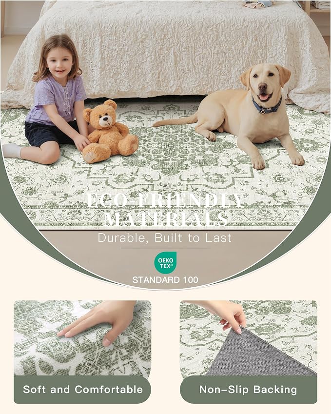 Madane 5x7 Area Rugs for Living Room, Machine Washable Vintage Green Rug with Non-Slip Backing, Soft Throw Rug, Thin Carpet for Bedroom Dining Room Farmhouse Under Table, Green/Ivory