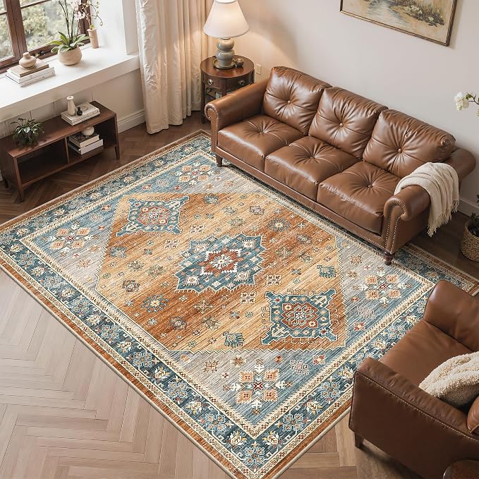 Roxstand 6x9 Washable Area Rug, Non Slip Living Room Rug Navy/Orange | Low Pile Vintage Rug, Stain Resistant, Non-Shedding Design, Pet & Kid Friendly, Carpet for Bedroom, Dining Room Office