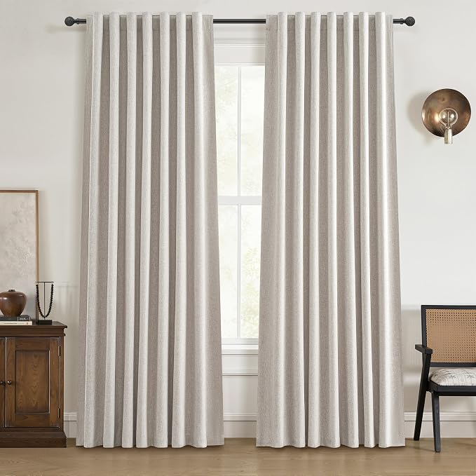 Natural Linen 86 Inch 100% Blackout Curtains for Bedroom, Pleated Heading Tape Ring Clips Back Tab Thermal Custom Made Window Curtains Living Room Modern Farmhouse (100 Wide Total, Each W50"x2Pcs)