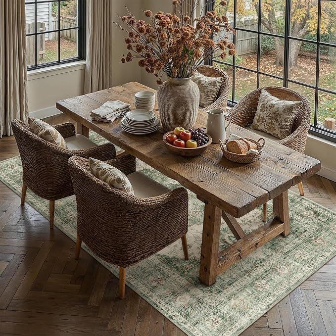 HUGEAR 5x7 Machine Washable Rug Green Area Rug Room Decor Vintage Distressed Living Room Rugs Non Slip Low Pile Soft Carpet for Bedroom Office Dining Room Soft Lightweight