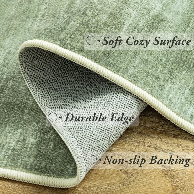 Olive Green 9x12 Rug Washable Modern Soft Extra Large Rugs for Living Room | Loden Green, Low Pile Floor Covering Carpet, Boho Abstract, for Office Dining Room Table, Non Slip Foldable Rubber Backing