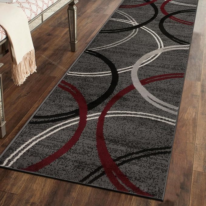 Rugshop Wavy Circles Modern Non-Shedding Runner Rug Red 2'7" x 6'