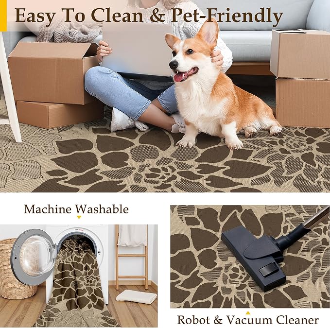 PureCozy 8x10 Easy Jute Outdoor Rug Brown Floral Textured Indoor Outdoor Area Rug Farmhouse Patio Carpet for Backyard, Patio, Porch, Easy-Cleaning, High Traffic, Pet-Friendly, Non-Shedding