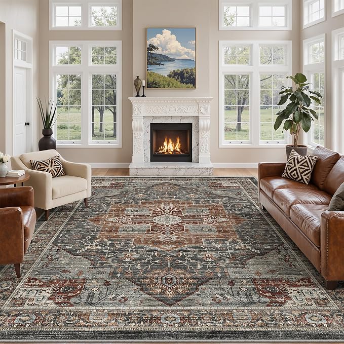 Roxstand 9x12 Washable Area Rug, Vintage Non Slip Rugs, Grey/Brown/Tan | Soft Low Pile Design, Stain Resistant,Pet & Kid Friendly,Carpet for Living Room, Bedroom, Dining Room and Office Decor