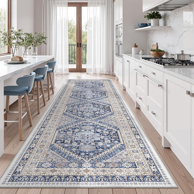 zesthome 3x12 Runner Rug for Hallway, Non-Slip Long Bathroom Rugs Runner for Kitchen, Bedroom, Soft Vintage Abstract Washable Rug for Entryway, Thin Floor Mat for Dining Room(Blue/Beige,3'x12')