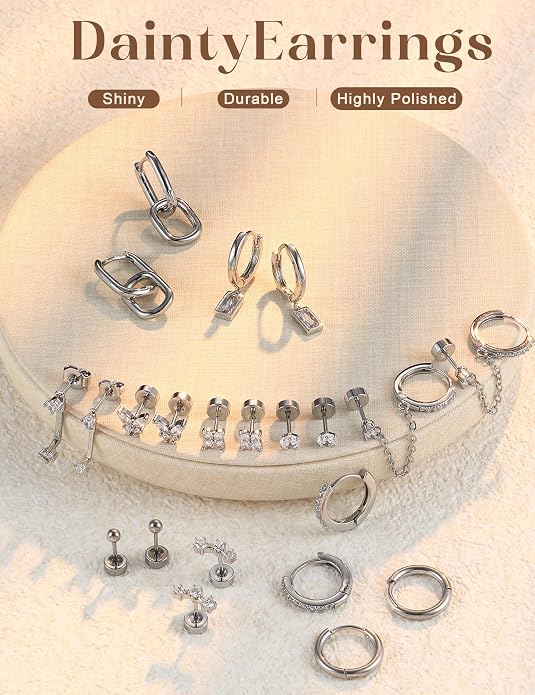 Small 14K Gold Plated Huggie Hoop Earrings for Women Lightweight Double Piercing Chain Earrings Dainty Stud Earrings Hypoallergenic 14K Gold Plated Hoop Earrings Set