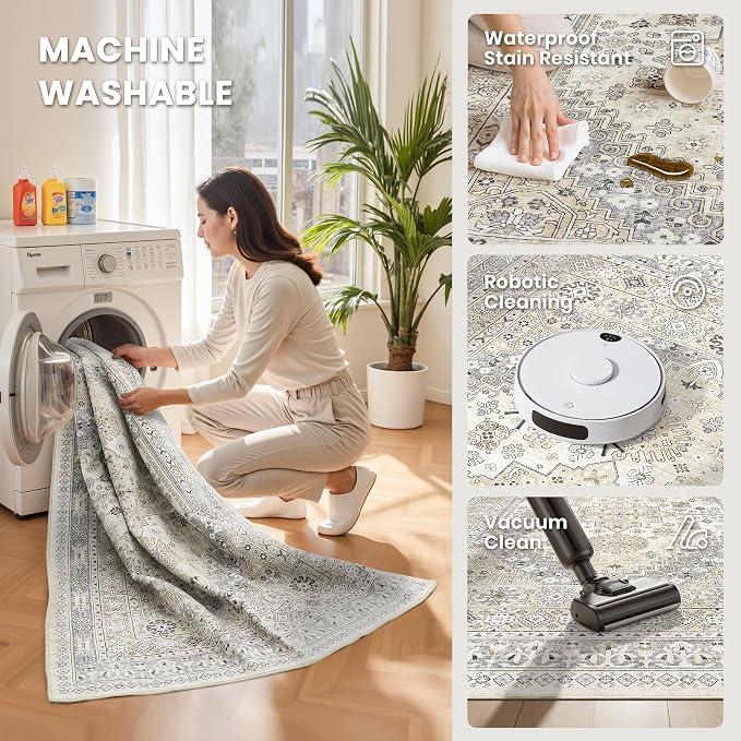 zesthome 6x9 Area Rug, Super Soft Washable Rugs for Living Room, Non-Slip Stain Resistant Vintage Rugs, Ultra-Thin Large Area Rugs (Beige,6'x9')