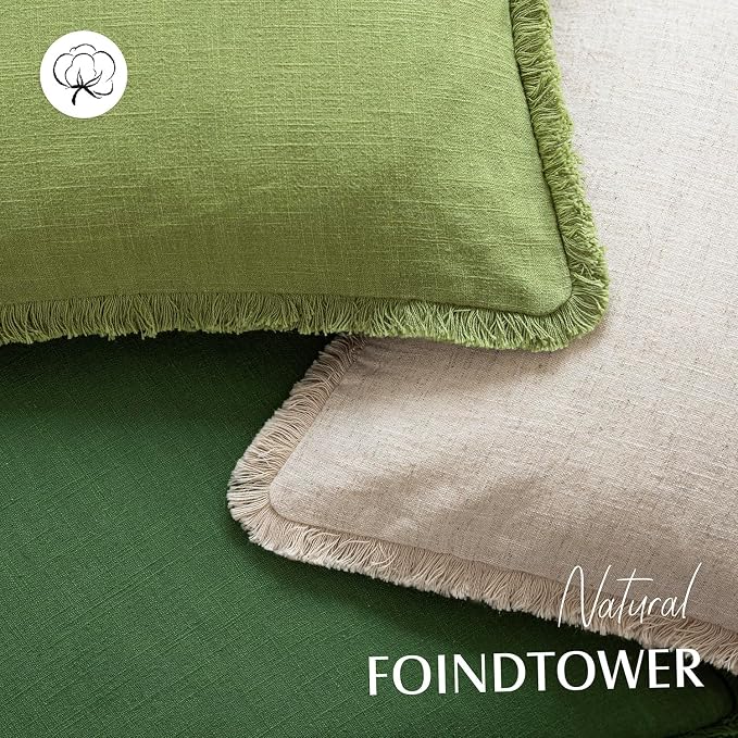 Foindtower Set of 2 Decorative Linen Fringe Throw Pillow Covers Cozy Boho Farmhouse Cushion Cover with Tassels Soft Accent Pillowcase for Couch Sofa Bed Living Room Home Decor,20×20 Inch,Lush Green