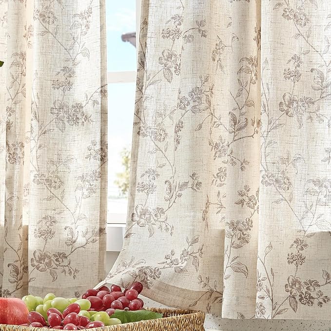 Lazzzy Elisa Floral Kitchen Curtains 36 Inch Linen Cafe Curtains Farmhouse Half Window Drapes Over Sink Light Filtering for Small Windows Rod Pocket Back Tab 2 Panels Taupe on Beige