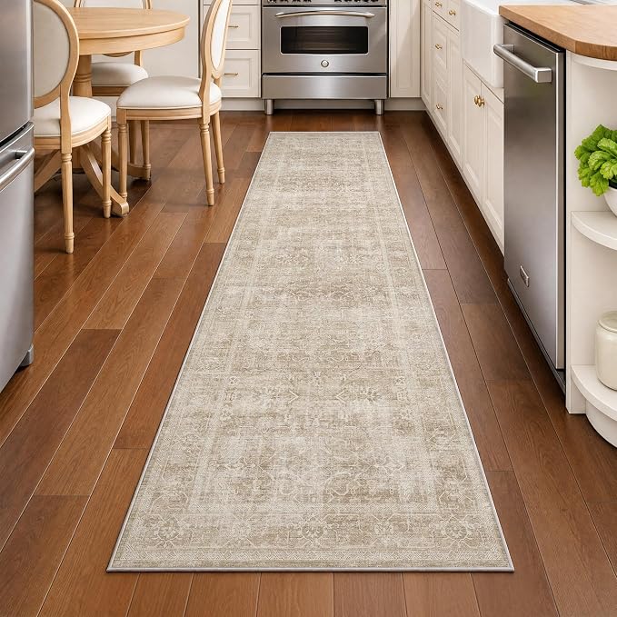 Beauoop 2x8 Hallway Runner Rug Washable Beige Neutral Vintage Distressed | Cream Retro Non Slip Low Pile Oriental Soft Thin Indoor Carpet Rug Entryway Entrance Kitchen Laundry Bedroom Bathroom Bedside