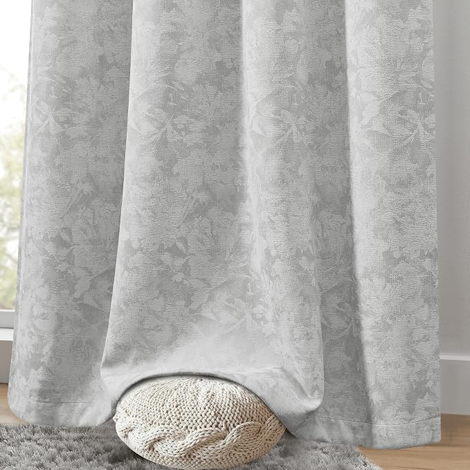 Beauoop Grey Floral Jacquard Blackout Curtains for Bedroom 52x96 2 Panels | Flower Chenille Room Darkening Drapes for Living Room 96 Inch Long Thermal Insulated Soundproof Window treatment Grommet