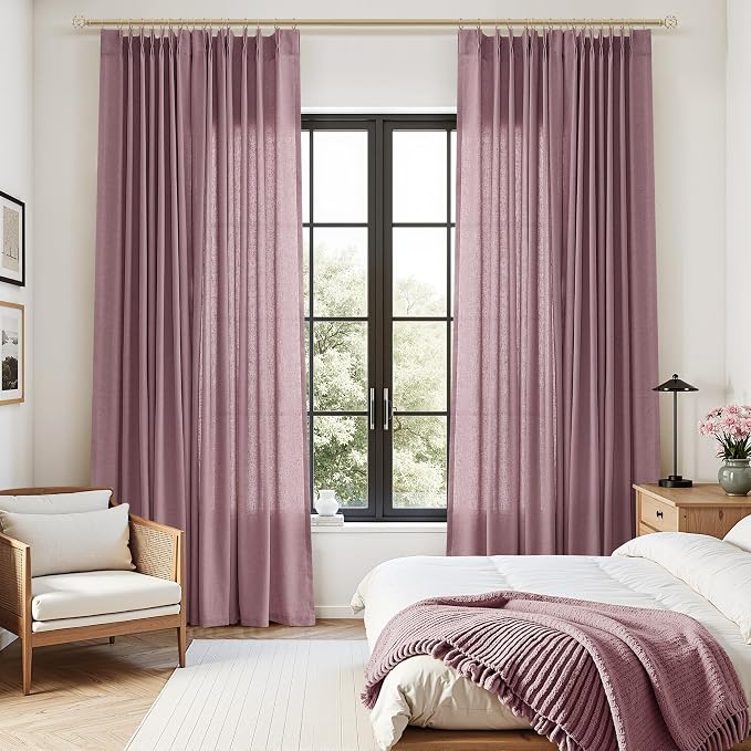 Aersas Ash Rose Pinch Pleated Linen Curtains 84 Inch Length 2 Panels for Living Room Bedroom Semi Sheer Window Curtain Boho Neutral Back Tab Pinch Pleat Drape with Hooks 40x84