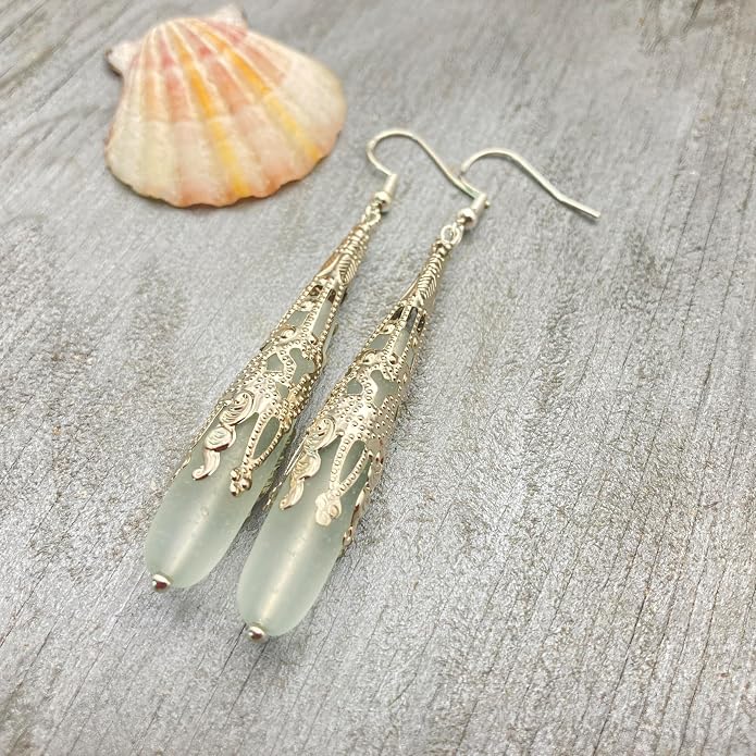 Handmade Sea Glass Earrings, Hawaiian Jewelry for Women, Long Teardrop Earrings Beach Jewelry, Sea Glass Jewelry For Women Birthday Gift For Her