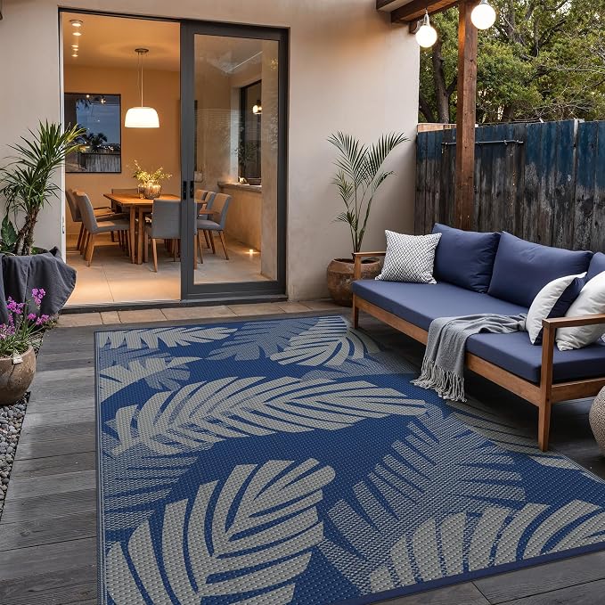 GENIMO Outdoor Rug, Waterproof Plastic Rugs for Patio, 5'x8' Blue Grey | Outside Larger Leaf Carpet Mat for Porch Decor, Deck, Balcony, Camping, RV, Backyard, Picnic, Beach, Reversible, Foldable