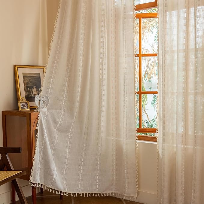 Boho Curtains 90 inches Long 2 Panels for Bedroom Windows, Bohemian Semi Sheer Drapes,Beige Farmhouse Privacy Tassels Vintage Chic Drape Embroidery Window Treatments,Back Tab & Rod pocket Natural