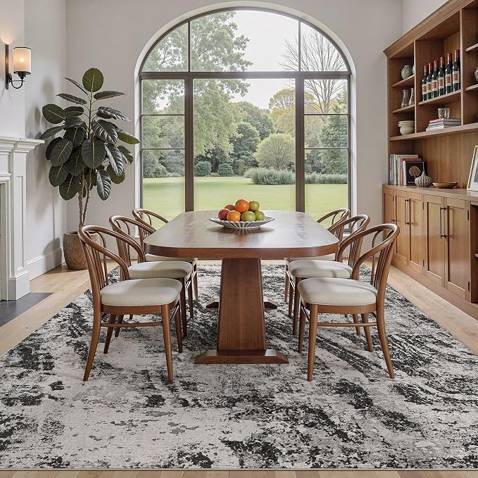 DMOYEST 6x9 Washable Area Rug: Abstract Modern Non-Slip Carpet, Soft Low Pile Indoor Neutral Easy Clean Floor Rugs for Living Room Bedroom Dining Room Kids & Pets - Black