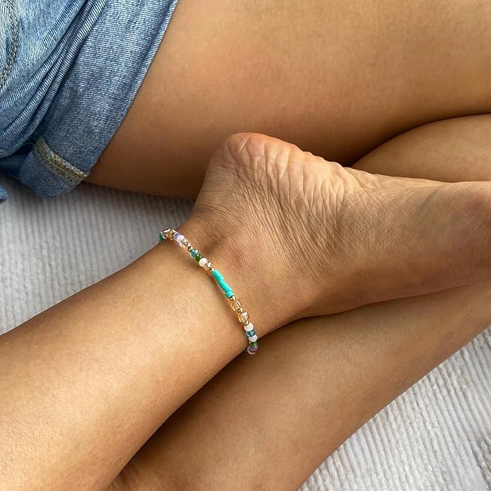 Aluinn Boho Handmade Beaded Ankle bracelets Colorful Waterproof Beach Summer Foot Jewelry Gem Glass beaded Anklets for Women