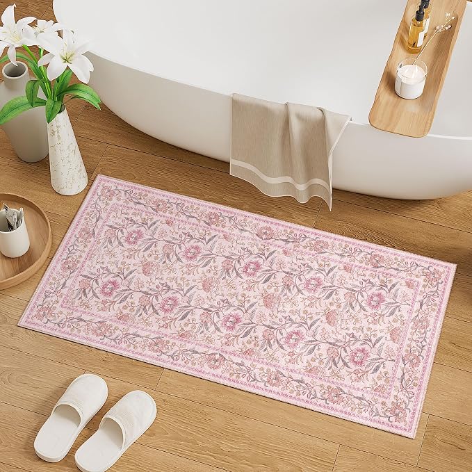 DUKINO 2x4 Rug, Washable Vintage Floral Entryway Rug Non Slip, Pink | Low Pile, Non-Shedding, Stain Resistant Boho Lightweight Soft Indoor Carpet for Kitchen Bathroom Hallway Laundry Farmhouse