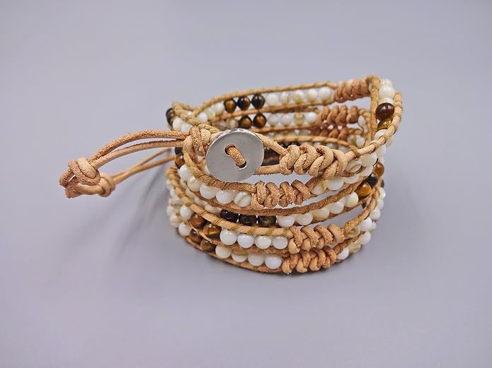 MGR MY GEMS ROCK! 35-Inch Long Multi-Layer Hand Crafted Gemstone and Crystal Multi-Stone Beaded on Genuine Leather Boho Style Stackable Super Wrap Bracelet, up to 5 Wraps.