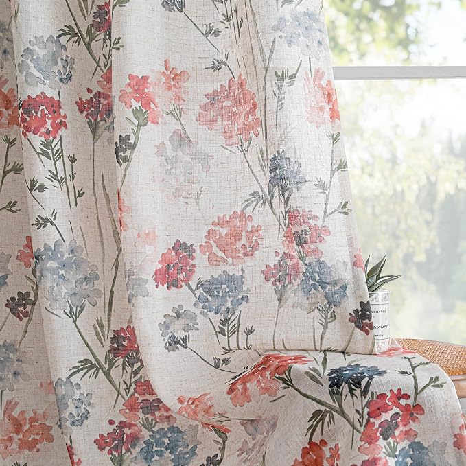 MYSKY HOME Floral Linen Curtains 95 inch Length 2 Panels Set for Living Room Patterned Semi Sheer Light Filtering Privacy Farmhouse Grommet Drapes for Bedroom Small Window, 52" Wide Each Panel, Red