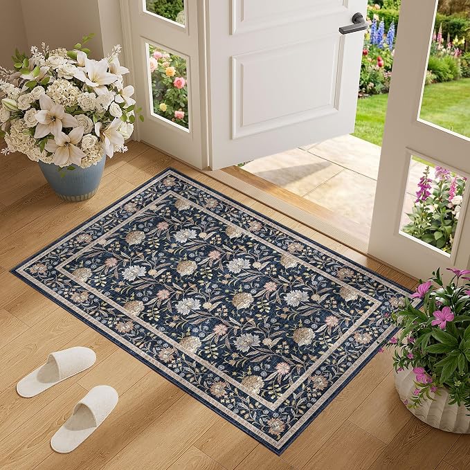 DUKINO 2x3 Rug, Washable Vintage Floral Bathroom Rugs Non Slip, Navy Blue | Low Pile, Stain Resistant Boho Soft Indoor Door Mat, Small Front Door Carpet for Entryway Kitchen Laundry Bedroom Farmhouse