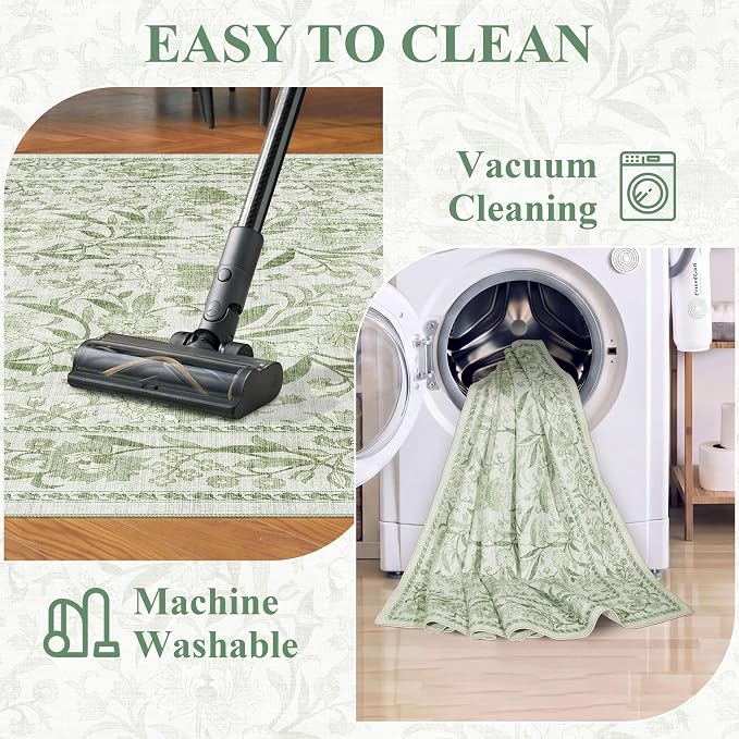 DUKINO 2x3 Rug, Washable Vintage Floral Bathroom Rugs Non Slip, Sage Green | Low Pile, Stain Resistant Boho Soft Indoor Door Mat, Small Front Door Carpet for Entryway Kitchen Laundry Bedroom Farmhouse