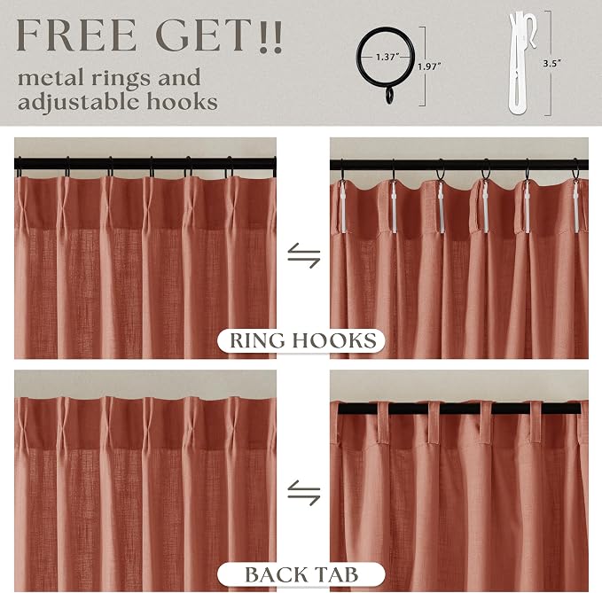Firebrick 80 Inch Pinch Pleated Light Filtering Linen Curtains 2 Panels | Boho Farmhouse Autumn Fall Decor, Thick Linen Semi Sheer, Back Tab Pinch Pleat Hooks Rings, Terracotta Red Clay Burnt Orange