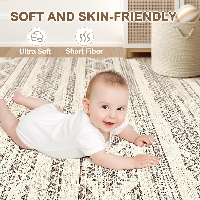 Tortania Area Rug Living Room Rugs - 10x12 Washable Large Soft Neutral Boho Moroccan Bohemian Farmhouse Rug Indoor Floor Carpet for Bedroom Under Dining Table Home Office Decor - Brown