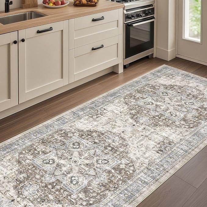 Tortania Area Rug 2x6 Runner Rugs - Washable Vintage Oriental Farmhouse Thin Indoor Carpet for Living Room Bedroom Hallway Entryway Kitchen Under Dining Table Home Office - Brown Blue