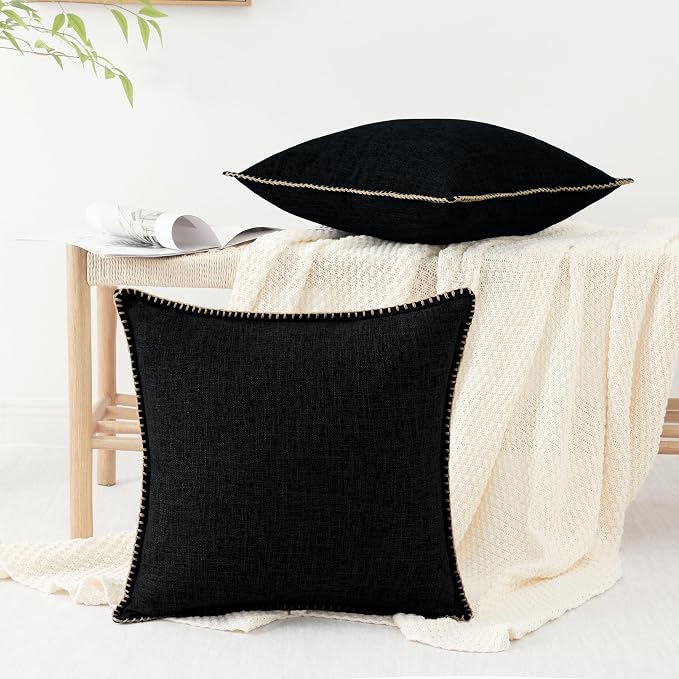 decorUhome Black Faux Linen Outdoor Throw Pillow Covers 26x26 Set of 2 | Fall Decorative Textured Neutral Modern Farmhouse Pillow Covers with Stitched Edge for Couch Sofa Bed Living Room