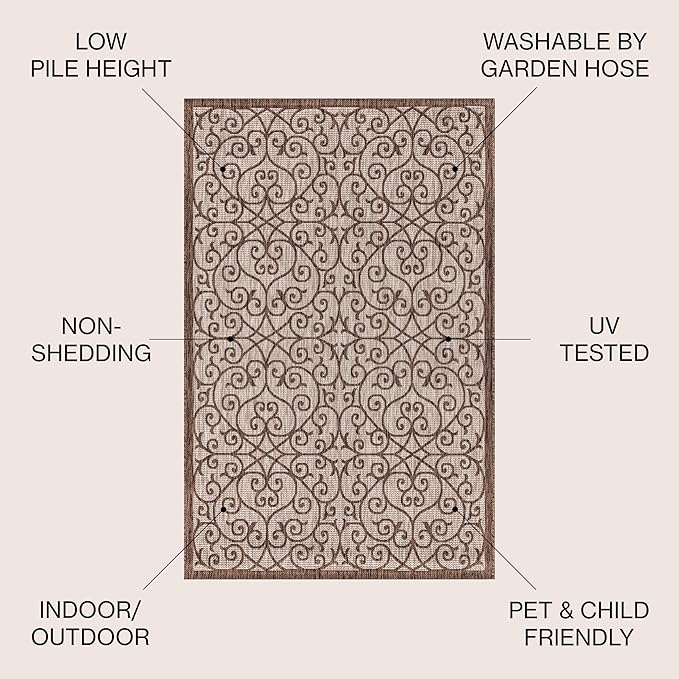 JONATHAN Y Vintage Filigree Indoor Outdoor Area Rug 8X10 Taupe/Espresso, Madrid Textured Weave for Backyard, Patio, Porch, Easy-Cleaning, High Traffic, Pet-Friendly, Non-Shedding (SMB107C-8)