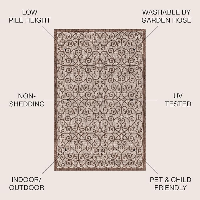 JONATHAN Y Vintage Filigree Indoor Outdoor Area Rug 9X12 Taupe/Espresso, Madrid Textured Weave for Backyard, Patio, Porch, Easy-Cleaning, High Traffic, Pet-Friendly, Non-Shedding (SMB107C-9)