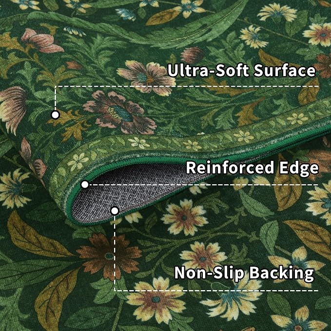 Round Rug 5ft Dark Green Washable Floral Circle Rug,Vintage Boho Botanical Round Area Rugs, Non-Slip Soft Low-Pile Circular Carpet for Bedroom,Kids Room,College Dorm,Home Decor