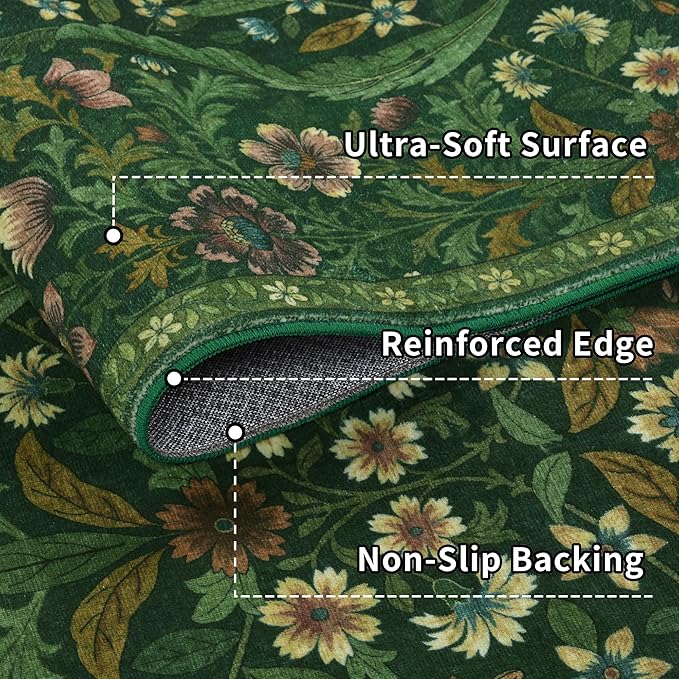 Floral Washable 6x9 Area Rug，Dark Green Boho Rugs for Living Room, Soft Low-Pile Non-Slip Stain Resistant & Non-Shedding Carpet for Bedroom, Dining Room, Office, Entryway, Nursery