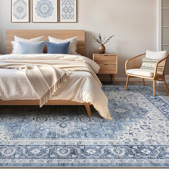 8x10 Area Rugs Living Room: Washable Boho Large Neutral Vintage Soft Rug Stain Resistant Farmhouse Non-Slip Indoor Floor Retro Carpet for Bedroom Nursery Kids Office Dining Room- Blue Gray