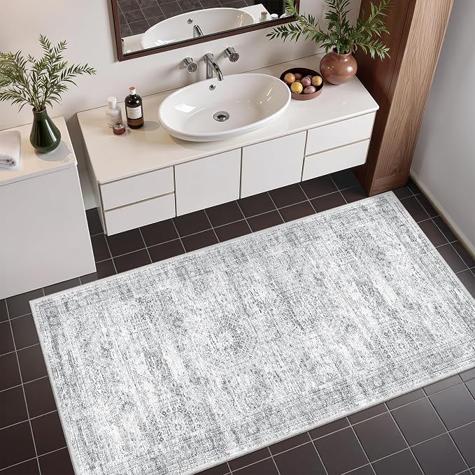 2x4 Rug Runners for Hallways Non Slip,Grey | Washable Rugs for Kitchen,Entryway,Bedroom,Bathroom,Nursery Room,Thin,Soft Runner Rug,Stain Resistant Indoor Carpet