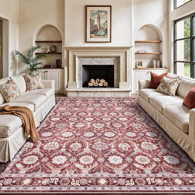 8x10 Area Rugs, Soft Non Slip Low Pile Washable Rug, Boho Modern Rug for Living Room, Bedroom, Dining Room, Red