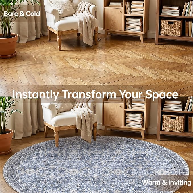 Sasttie Round Rugs 8ft, Ultra-Soft Washable Circle Rug, Low Pile Foldable Thin Carpets with Non-Slip Backing, Skin-Friendly Stain Resistant Carpet for Living Room, Bedroom, Kitchen, Dorm, 8ft, Blue