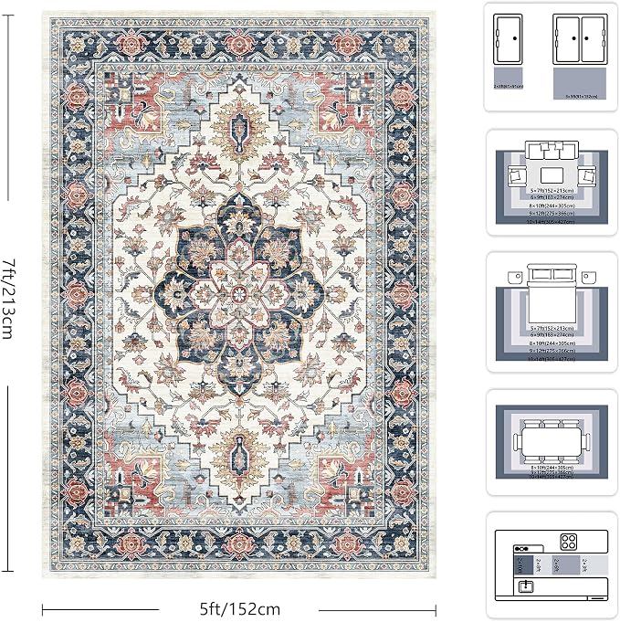 5x7 Area Rugs - Washable Rug Vintage Distress Boho Medallion Rugs for Living Room, Soft Non-Slip Backing Low Pile Carpet for Bedroom Dining Room Office Nursery Dorm Home, Blue Beige Orange
