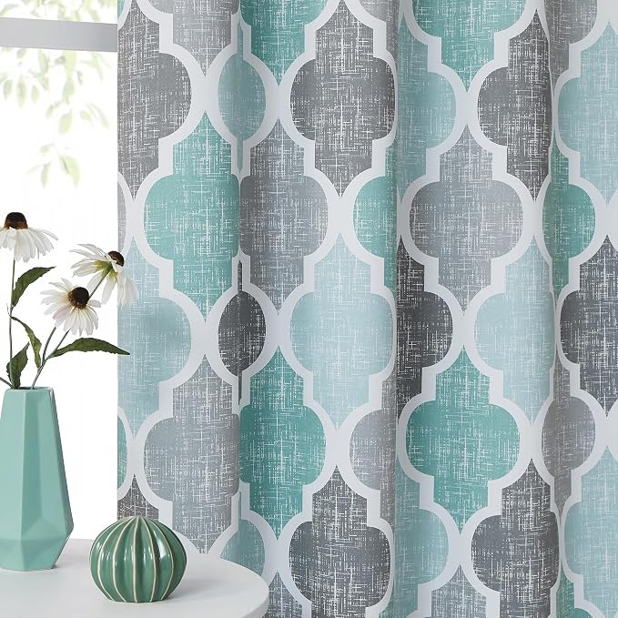 Beauoop Moroccan 100% Blackout Curtains Bedroom Aqua Grey 50x90 2 Panels | Geometric Room Darkening Drapes for Living Room 90 Inch Long Thermal Insulated Soundproof Lattice Window Treatment Grommet