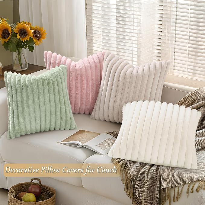 decorUhome Fall Faux Fur Throw Pillow Covers 18x18 Set of 4 White/Pink | Decorative Modern Farmhouse Soft Cozy Striped Pillow Cases Velvet Back for Sofa Bed Living Room Classic Accent Home Decor