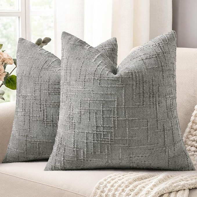 decorUhome Textured Chenille Throw Pillow Covers 20x20 Set of 2 Grey | Fall Modern Farmhouse Soft Cozy Slubby Couch Pillow Cases Boho Decorative Pillow Cases for Bed Sofa Living Room Home Decor