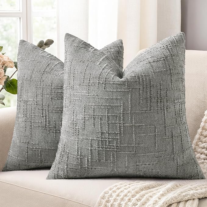decorUhome Textured Chenille Throw Pillow Covers 22x22 Set of 2 Grey | Fall Modern Farmhouse Soft Cozy Slubby Couch Pillow Cases Boho Decorative Pillow Cases for Bed Sofa Living Room Home Decor