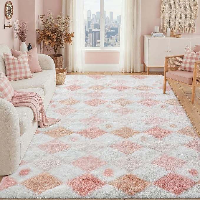 PureCozy Checkered Rug 5x8 Fluffy Shag Living Room Pink Area Rug Modern Washable Carpet Soft Shaggy Non Slip Indoor Plush Fuzzy Rugs for Bedroom Dorm Office Home Aesthetic Decor