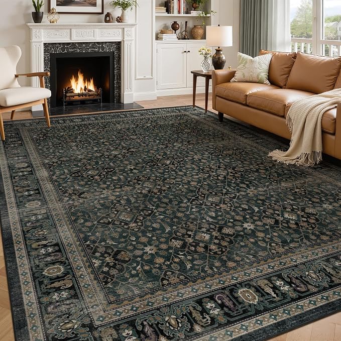 Dark Teal Washable 8x10 Area Rugs for Bedroom, Vintage Floral Trellis Colorful Accents Living Room Rug, Ultra Thin Non Slip Carpet Rug for Dining Room Under Table/Home Office/Guest Room