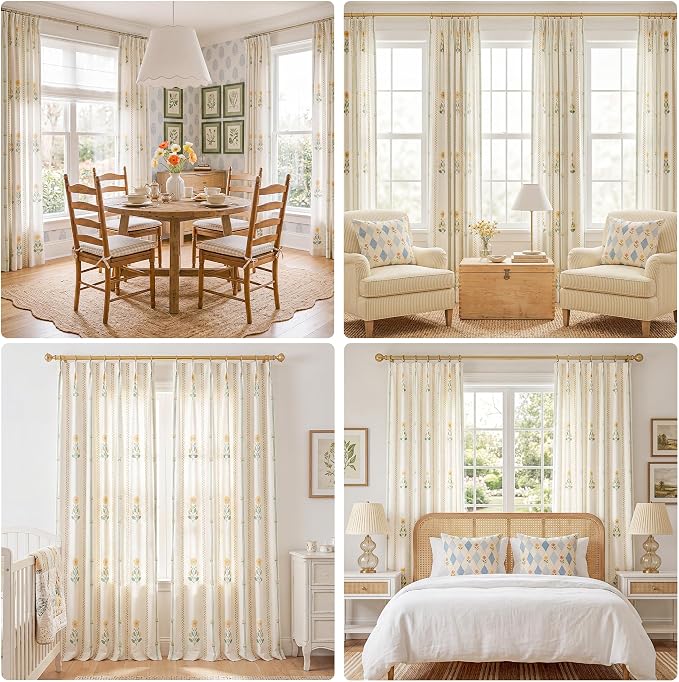 THREE GIRLS Floral Pinch Pleated Light Filtering Curtains 95 Inches - Printed Linen Blend Drapes for Living Room, Bedroom, Dining, Modern Farmhouse with Hooks, 2 Panels Set, 40" W x 95" L Yellow